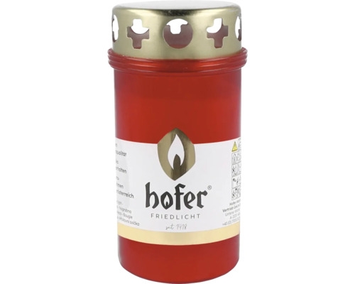 Bougie funéraire Hofer Friedlicht dans un récipient en plastique rouge avec couvercle en métal doré et logo.