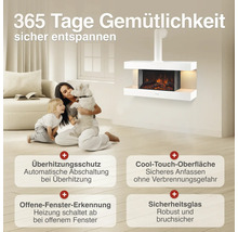 Cheminée électrique murale avec effet flamme LED, dispositifs de sécurité dont protection contre la surchauffe et surface froide au toucher.