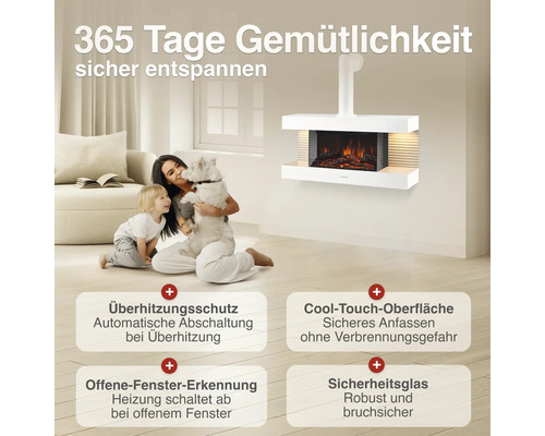 Cheminée électrique murale avec effet flamme LED, dispositifs de sécurité dont protection contre la surchauffe et surface froide au toucher.
