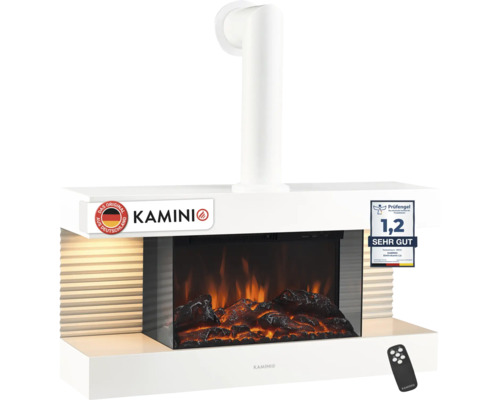 Cheminée électrique murale KAMINIO avec conduit, effet flamme réaliste, bûches décoratives et télécommande, incluant label de qualité.