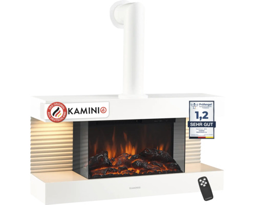 Cheminée électrique KAMINIO Liz avec tuyau de poêle, effet flamme LED et télécommande, incluant un sceau de contrôle de très bonne qualité.