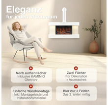 Cheminée électrique murale avec conduit Kaminio et niches de rangement pour décoration dans une pièce chaleureuse avec femme en fauteuil.