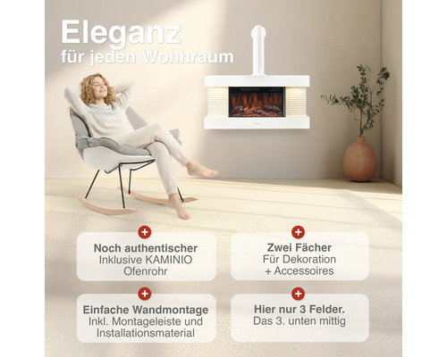 Cheminée électrique murale avec conduit Kaminio et niches de rangement pour décoration dans une pièce chaleureuse avec femme en fauteuil.