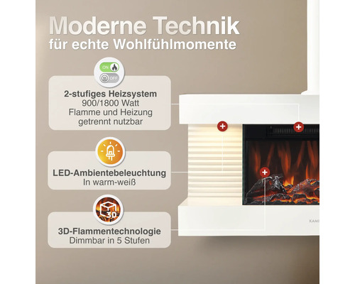 Cheminée électrique avec système de chauffage 900 ou 1800 Watts, éclairage d ambiance LED et effet de flamme 3D avec 5 niveaux de gradation.