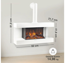 Cheminée électrique murale avec effet de flamme, dimensions 82 par 81,8 par 21,7 centimètres et un poids de 14,96 kilogrammes.