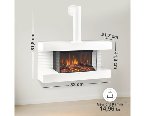 Cheminée électrique murale avec effet de flamme, dimensions 82 par 81,8 par 21,7 centimètres et un poids de 14,96 kilogrammes.