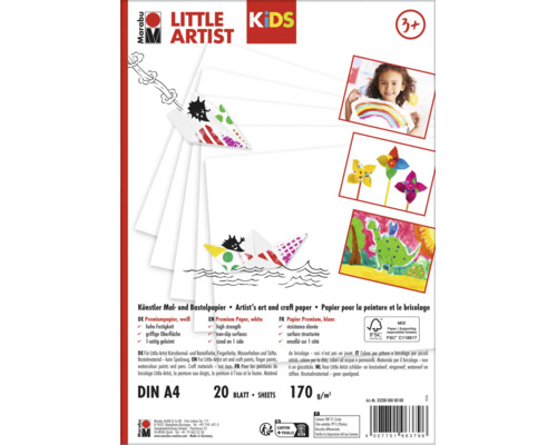 Papier à dessin Marabu Little Artist DIN A4, 20 feuilles, 170 grammes par mètre carré, papier blanc pour enfants, certifié FSC
