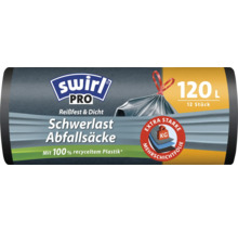 Swirl Pro Schwerlast Abfallsäcke 120 Liter, 12 Stück, aus recyceltem Kunststoff, reißfest und dicht mit Zugband