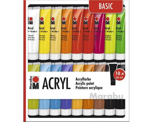 Set de 18 tubes de peinture acrylique Marabu de 36 millilitres chacun pour des projets artistiques et des travaux de peinture créatifs.