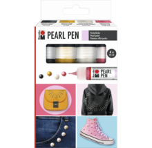 Marabu Pearl Pen Set mit vier Perlenfarben in 25 Milliliter Tuben für dekorative Applikationen auf Textilien, Accessoires und Oberflächen.
