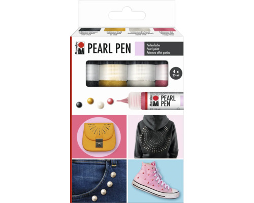 Kit de stylos perles Marabu avec quatre peintures effet perles en tubes de 25 millilitres pour des décorations sur textiles et accessoires.