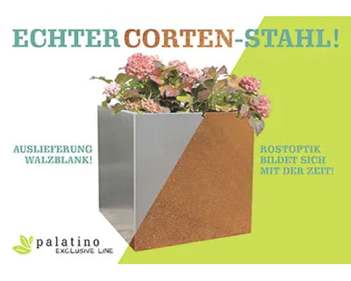 Jardinière carrée en acier corten de Palatino Exclusive Line, livrée brute avec aspect rouille se développant avec le temps.