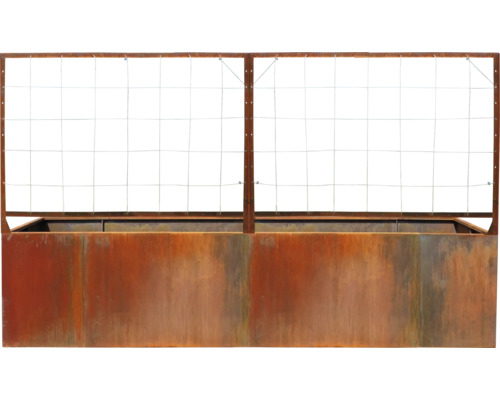 Jardinière en acier Corten avec treillis intégré pour le jardin.