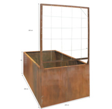 Jardinière surélevée en acier Corten avec treillis, dimensions 200 par 100 par 70 centimètres, hauteur totale avec treillis 183 centimètres.