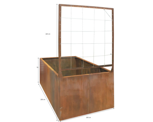 Jardinière surélevée en acier Corten avec treillis, dimensions 200 par 100 par 70 centimètres, hauteur totale avec treillis 183 centimètres.