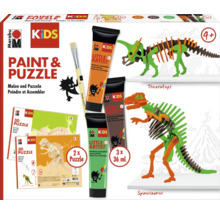Kit de bricolage Marabu Kids Paint and Puzzle avec deux puzzles dinosaures 3D, trois tubes de peinture et un pinceau pour enfants dès quatre ans.