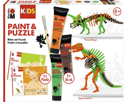 Kit de bricolage Marabu Kids Paint and Puzzle avec deux puzzles dinosaures 3D, trois tubes de peinture et un pinceau pour enfants dès quatre ans.