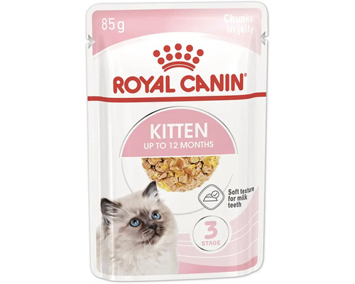 Aliment humide pour chatons Royal Canin Kitten jusqu’à douze mois en sachet fraîcheur de 85 grammes avec des morceaux en gelée.