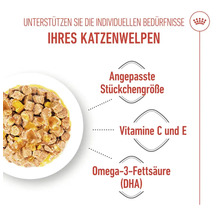 Infografik zu Royal Canin Katzenfutter für Katzenwelpen mit Erläuterung zu Stückchengröße, Vitaminen und Omega-3-Fettsäuren.