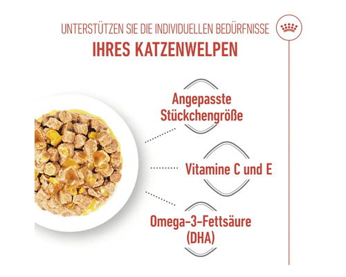 Infografik zu Royal Canin Katzenfutter für Katzenwelpen mit Erläuterung zu Stückchengröße, Vitaminen und Omega-3-Fettsäuren.