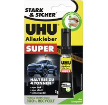 Colle universelle UHU Super en tube de 7 grammes pour des collages solides et rapides sans solvants.