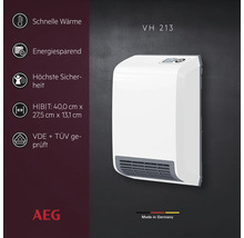 Chauffage rapide AEG VH 213 pour montage mural avec panneau de commande et informations sur l efficacité énergétique et la sécurité.