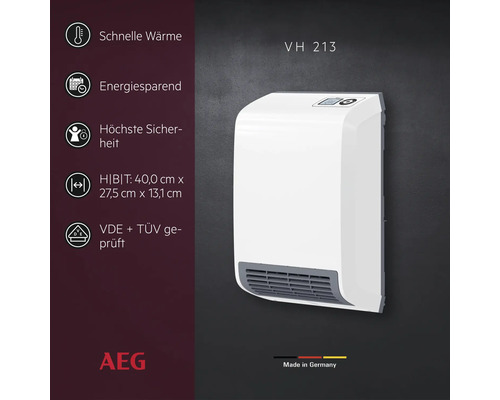 Chauffage rapide AEG VH 213 pour montage mural avec panneau de commande et informations sur l efficacité énergétique et la sécurité.