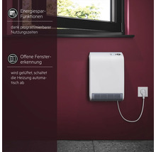 Chauffage soufflant mural avec durées d’utilisation programmables et détection de fenêtre ouverte pour arrêt automatique, fixé au mur.