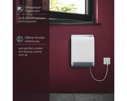 Chauffage soufflant mural avec durées d’utilisation programmables et détection de fenêtre ouverte pour arrêt automatique, fixé au mur.