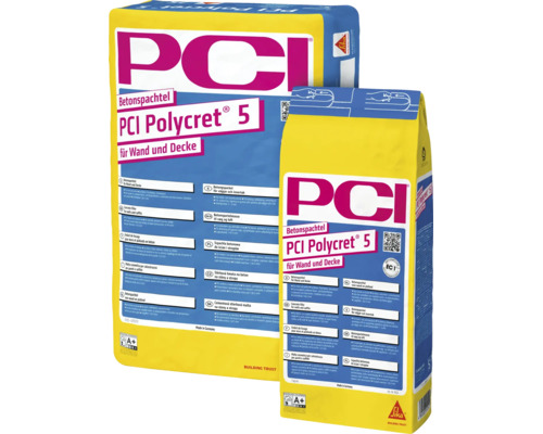 Deux sacs de mortier de ragréage PCI Polycret 5 pour murs et plafonds, pour égaliser les surfaces à l'intérieur et à l'extérieur.