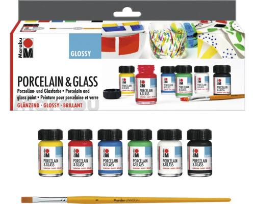 Ensemble de peinture pour porcelaine et verre Marabu avec 6 flacons de 15 millilitres et un pinceau pour décorer la porcelaine et le verre