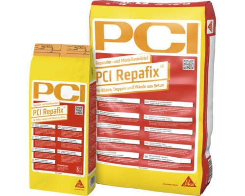 Deux sacs de mortier de réparation et de façonnage PCI Repafix pour surfaces en béton.