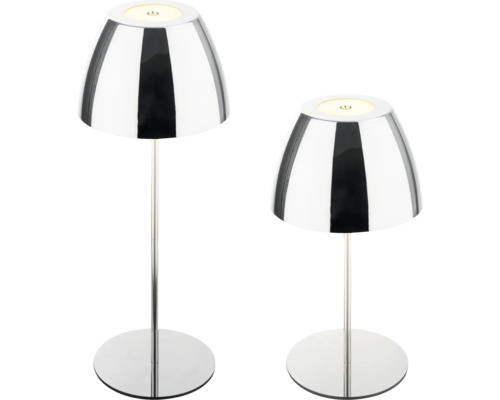Zwei moderne LED Tischleuchten mit glänzender Oberfläche und integriertem Touchschalter.