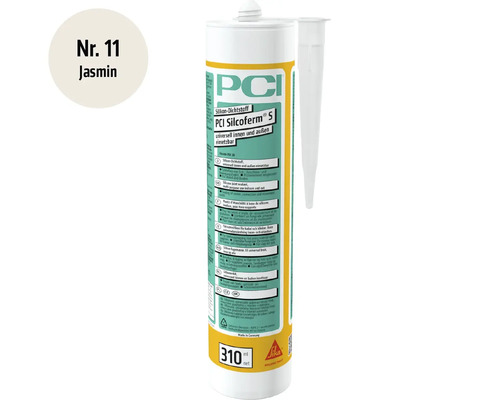 Mastic silicone PCI Silcoferm S couleur jasmin, cartouche de 310 millilitres pour usage intérieur et extérieur.