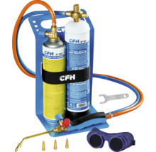 Kit de soudage CFH avec bouteilles de gaz, support, chalumeau, lunettes de protection et accessoires pour travaux de soudage.