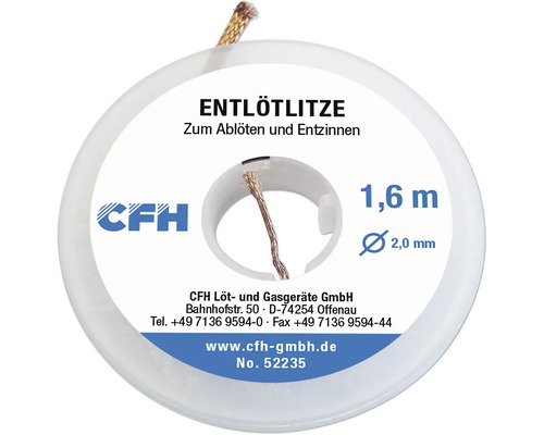 CFH Entlötlitze auf Rolle, 2,0 Millimeter Durchmesser, 1,6 Meter Länge, zum Ablöten und Entzinnen von elektronischen Bauteilen.