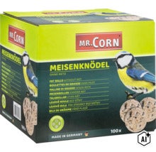 Karton mit 100 Meisenknödeln ohne Netz von Mr. Corn als Vogelfutter für alle Jahreszeiten (Image AI modified or generated)