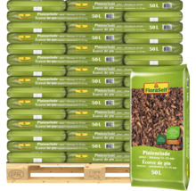 Ecorce de pin FloraSelf moyenne 15 à 25 millimètres sur palette Europe, sac de 50 litres pour paillage et lutte contre les mauvaises herbes.
