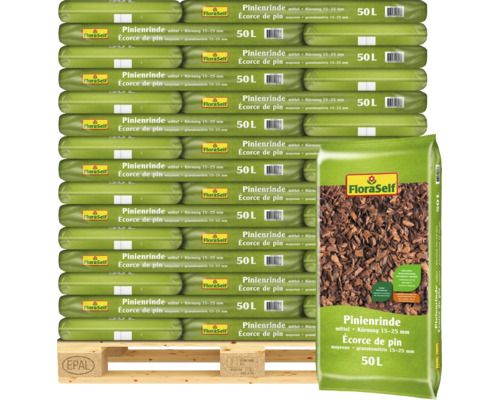 Ecorce de pin FloraSelf moyenne 15 à 25 millimètres sur palette Europe, sac de 50 litres pour paillage et lutte contre les mauvaises herbes.