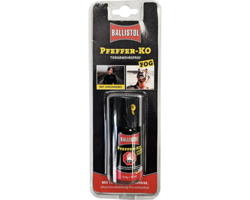 Ballistol Pfeffer KO Fog Tierabwehrspray in 40 Milliliter Sprühdose mit Panikverschluss in Blisterverpackung zur Tierabwehr.