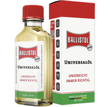 Huile universelle Ballistol 50 millilitres avec emballage carton pour entretien et lubrification.