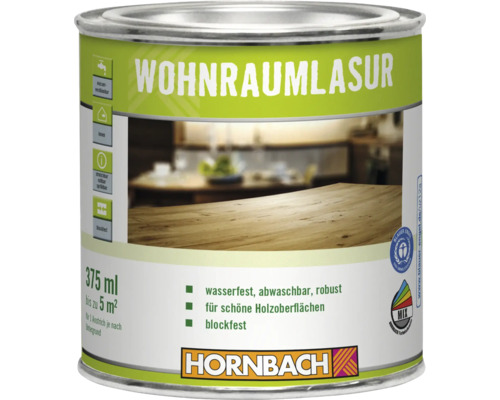 Pot de lasure pour espaces de vie Hornbach 375 millilitres pour surfaces en bois intérieur avec label Ange Bleu et logo Hornbach