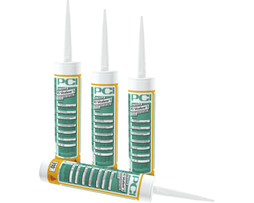 Trois cartouches debout et une cartouche couchee de mastic silicone PCI Silcoferm S pour interieur et exterieur