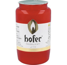 Bougie funéraire Hofer Friedlicht dans un étui en plastique rouge avec couvercle en métal et logo