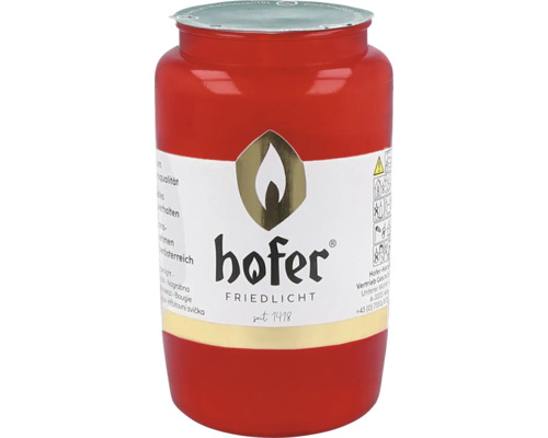 Bougie funéraire Hofer Friedlicht dans un étui en plastique rouge avec couvercle en métal et logo