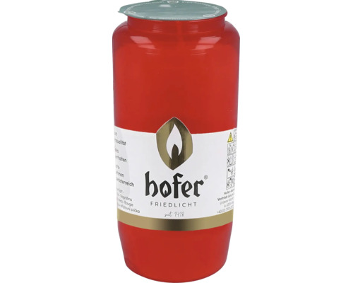 Bougie funéraire rouge Hofer Friedlicht avec couvercle et consignes de sécurité