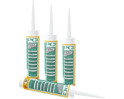Quatre cartouches de mastic silicone PCI Silcoferm S pour intérieur et extérieur 310 millilitres.