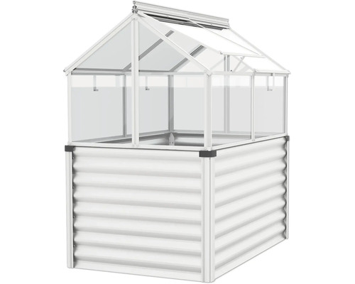 Carré potager avec serre surélevée en tôle ondulée et parois transparentes pour le jardin.