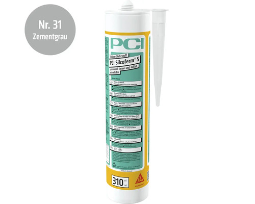Mastic silicone PCI Silcoferm S couleur gris ciment, contenu 310 millilitres, cartouche pour usage intérieur et extérieur.