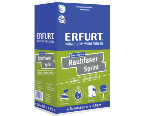 Papier peint ingrain Erfurt Rauhfaser Sprint, 6 rouleaux de 20 mètres par 0,53 mètre, pose facile avec symboles explicatifs.
